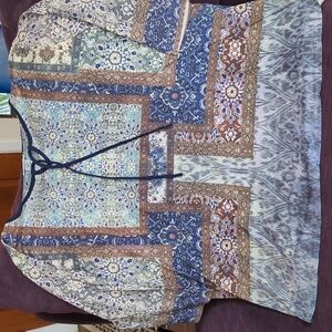 Blues, greens and brown pattern woman's top